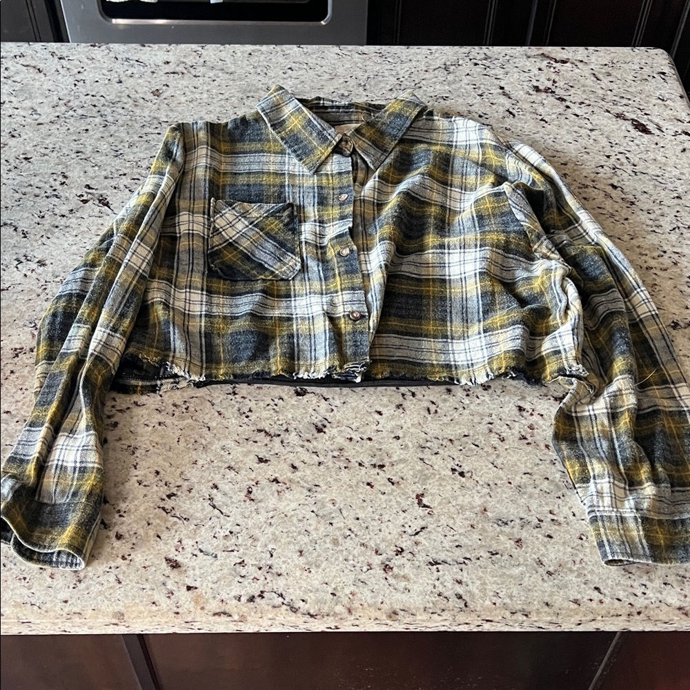 Altar'd State Yellow and Black Cropped Plaid Shirt